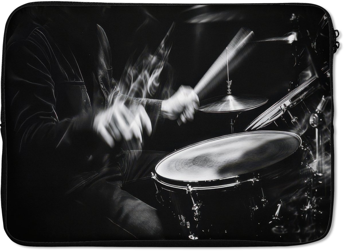 Laptophoes 13 inch - Drummer - Zwart - Drumstel - Laptop sleeve - Binnenmaat 32x22,5 cm - Zwarte achterkant