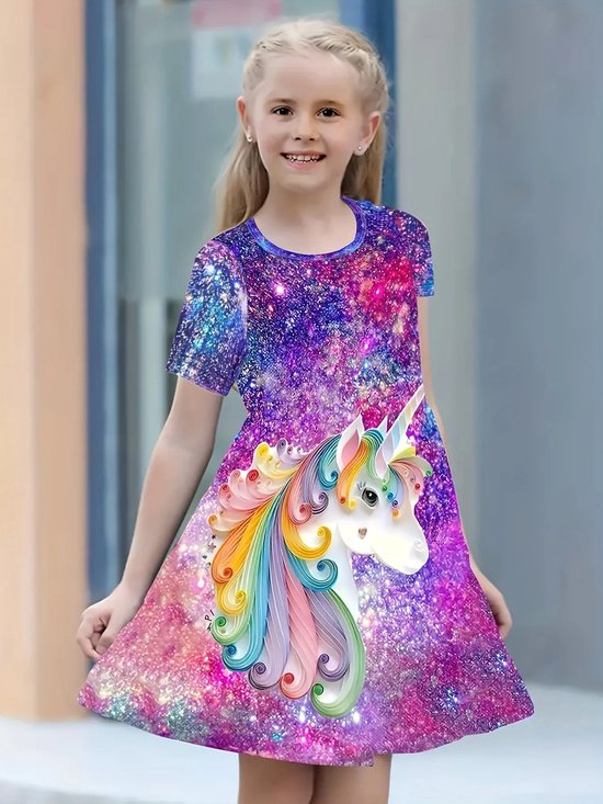 Foto: Unicorn jurk meisje prinsessenjurk 110cm 3d eenhoorn comfortabele sterrenhemel verkleedkleren ronde hals korte mouw feest kleding casual jurk dagelijks gebruik grafische betoverend echte prinses japon magische uitstraling feestelijk verjaardag cadeau