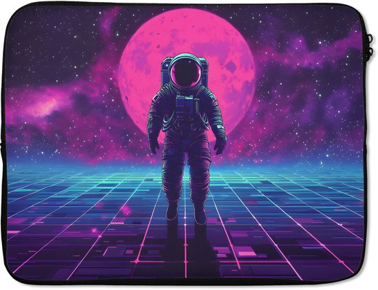 Laptophoes 15.6 inch - Astronaut - Maan - Roze - Sterrennevels - Laptop sleeve - Binnenmaat 37x26 cm - Zwarte achterkant