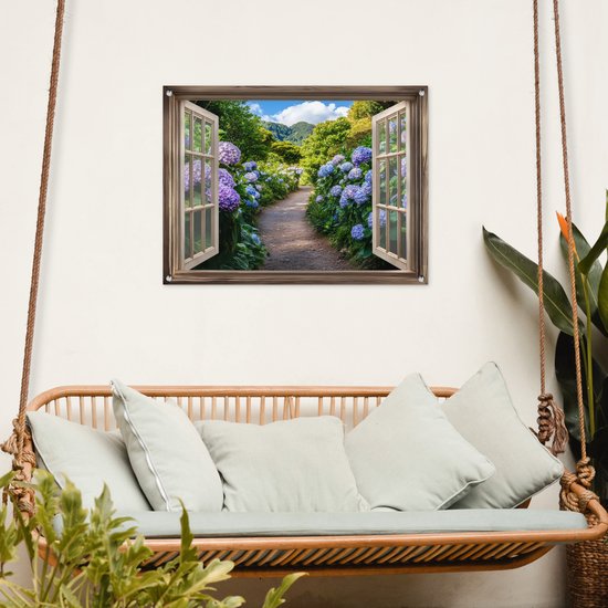 Affiche de jardin 80x60 cm - Décoration de jardin Vue - Hortensia - Chemin - Nature - Affiche pour le jardin - Décoration extérieure - Tableau de jardin clôture - Décoration murale sur toile de jardin - Décoration murale sur toile de balcon