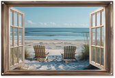 Tuinposter 120x80 cm - Tuindecoratie Doorkijk - Strandstoelen - Duinen - Zee - Natuur - Poster voor in de tuin - Buiten decoratie - Schutting tuinschilderij - Tuindoek muurdecoratie - Wanddecoratie balkondoek