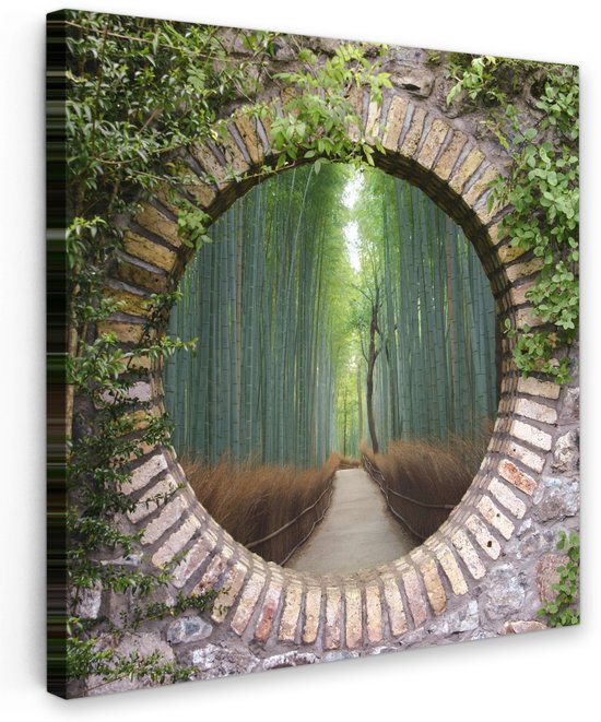 Tuinschilderij voor buiten 50x50 cm - Tuindecoratie Bamboe - Bos - Japans - Doorkijk - Tuinposter op canvas - Tuin muurdecoratie - Buitenschilderij decoratie - Schutting wanddecoratie - Buitencanvas