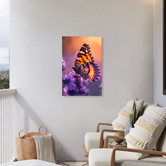Tableau jardin extérieur 60x90 cm - Décoration de jardin Fleurs - Papillon - Lavande - Bloem - Nature - Poster jardin sur toile - Décoration murale Jardin - Décoration tableau extérieur - Décoration murale clôture - Toile extérieur