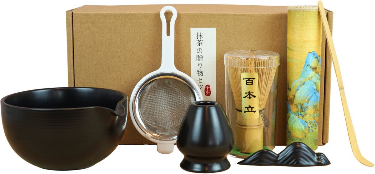 Dastium Home Matcha - Matcha Set - 7-delige set met matcha klopper, matcha kom, lepel, whisk houder, lepelhouder, onderlegger doek en zeef - Matchaset - Matcha Starterkit - Zwart