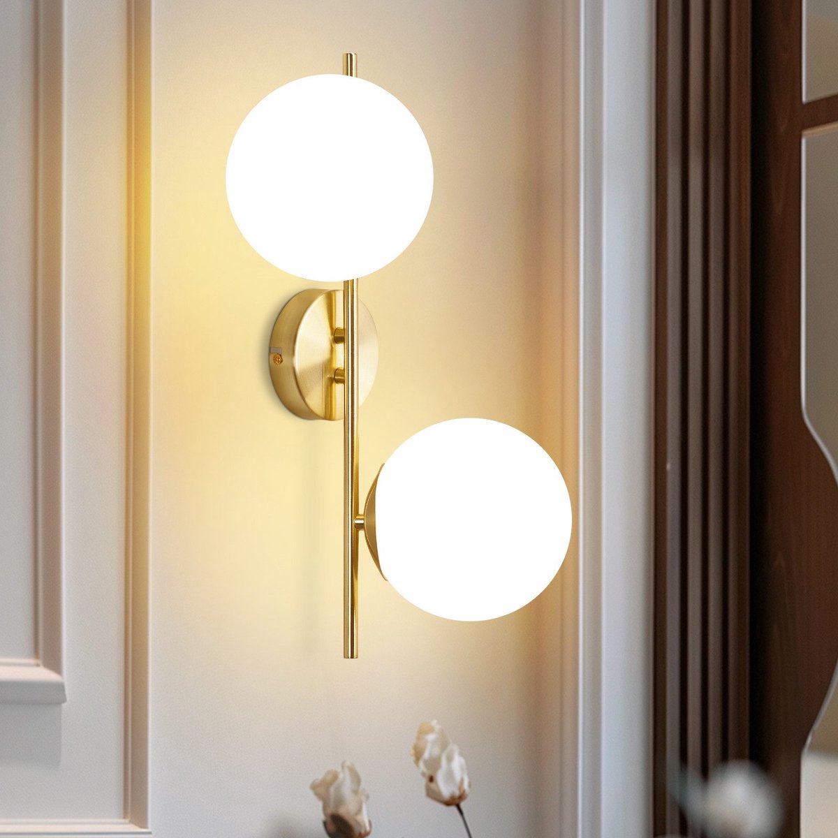 NETTLIFE Wandlamp Glas - 2xE27 - Goud - Modern Binnenwandlamp - Glazen Lampenkap - Slaapkamerlamp - Vintage Hallamp - voor Woonkamer | Trappenhuis | Hal | Bed-excl. lichtbron