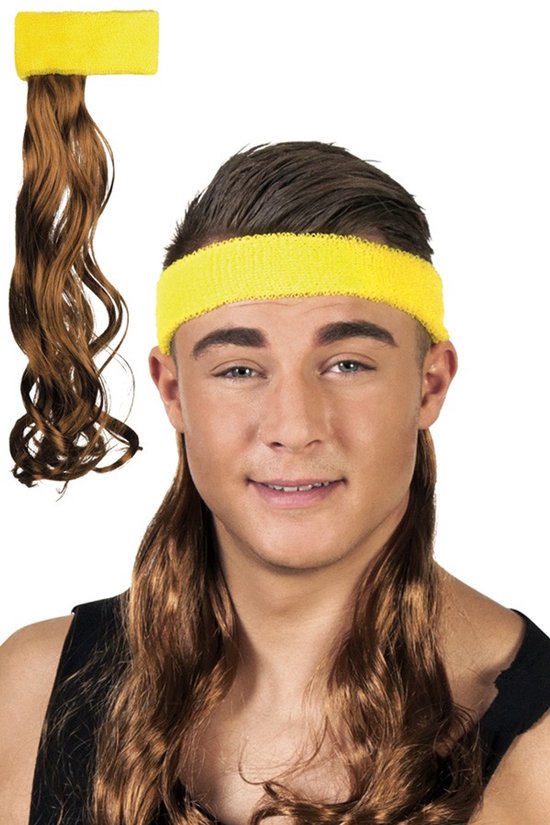 KIMU Hoofdband Matje Bruin Haar Zweetband Geel - Pruik Mullet Fout New Kids Festival