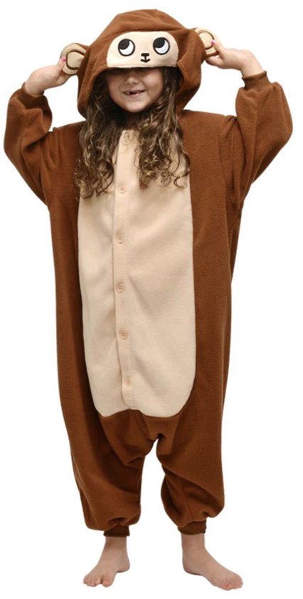 KIMU Onesie Aap Pak - Maat 140-146 - Apenpak Monkey Kostuum Bruin Chimpansee Pak - Jungle Jumpsuit Kinderen Pyjama Huispak Jongen Meisje Halloween