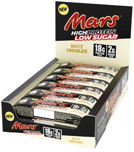 Nieuwe Mars High Protein Low Sugar repen met witte chocolade, 18g eiwit, 2g suiker. Verpakt per 12.