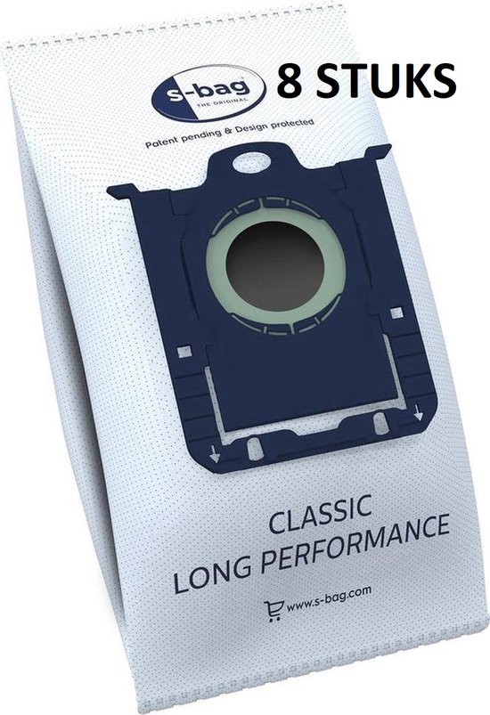 Witte stofzuigerzakken, 8 stuks, met een donkerblauwe houder met een ronde opening. "S-bag CLASSIC LONG PERFORMANCE" logo.