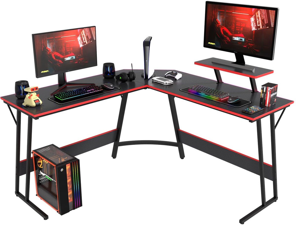 Unyqoos L-vormige bureauhoek, 128 x 128 x 90 cm, multifunctioneel bureau met monitorstandaard voor werk en spel (Zwart)