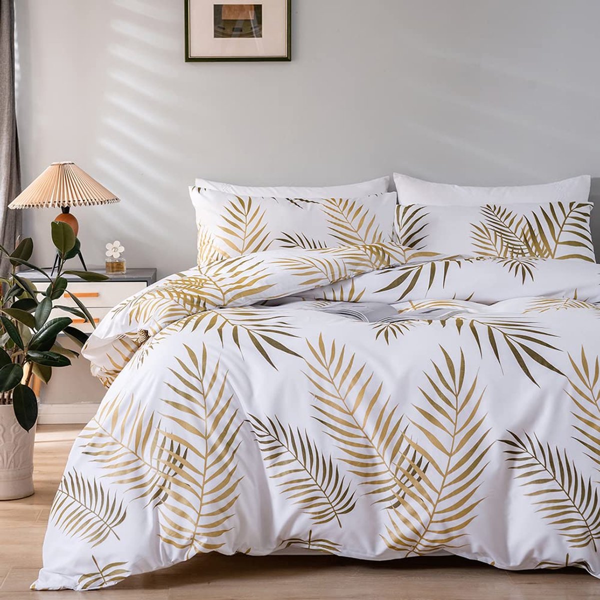 Unyqoos Beddengoedset met Gouden Palmbladpatroon en Ritssluiting, Inclusief Kussensloop 80 x 80 cm witgoud