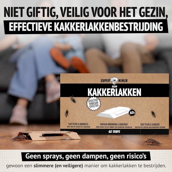 Bruine kokerval met 2 kakkerlakken erin, op een bank. Titel "NIET GIFTIG, VEILIG VOOR HET GEZIN, EFFECTIEVE KAKKERLAKKENBESTRIJDING". Pakket met 60 vallen.