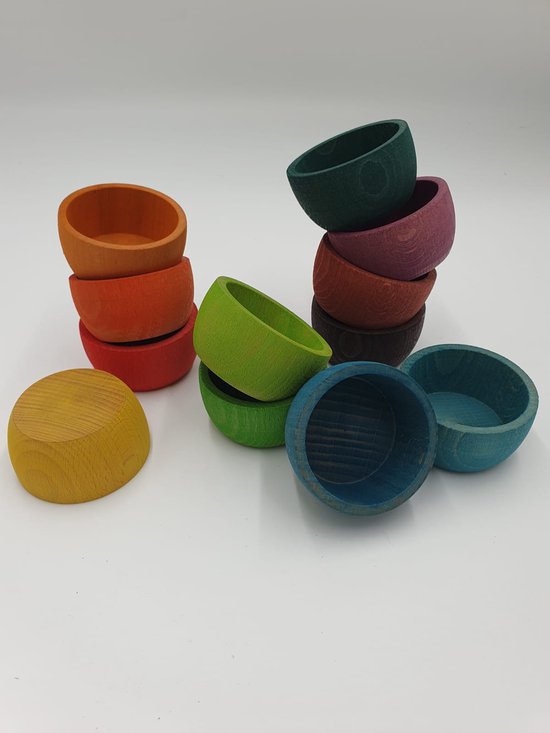 Houten bakjes - Regenboogkleuren - 12 stuks - Open einde speelgoed - Sensory play - Educatief montessori speelgoed — afbeelding 3