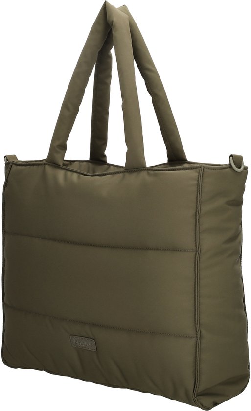 Olijfgroene gewatteerde shopper tas, schuin van voren gezien.