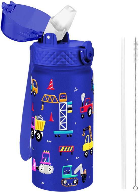 Ibenzoa® Roestvrijstalen kinderdrinkfles met rietje en lekvrij deksel, 420 ml, BPA-vrij, ideaal voor sport