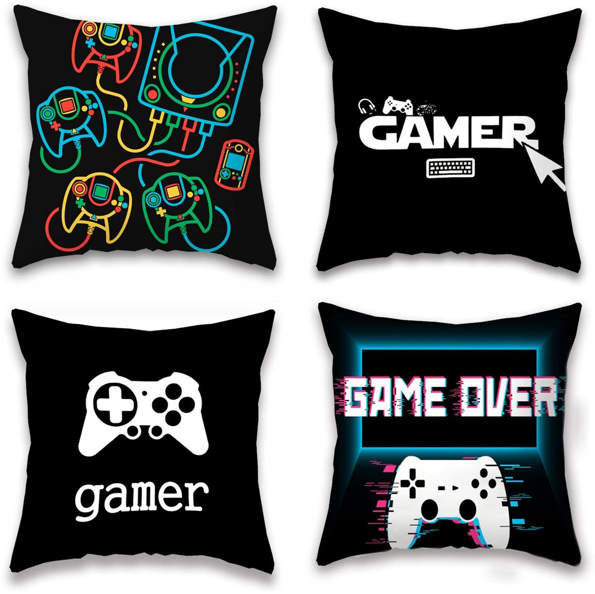 Ibenzoa Set van 4 decoratieve kussenslopen voor gamers en thematische feesten, perfect cadeau-idee zwart