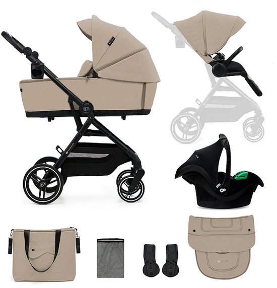 Kinderkraft YOXI 3-in-1 Kinderwagen – Van Geboorte tot 22 kg – Reiswieg, Omkeerbaar Wandelzitje & MINK PRO i-Size RWF Autostoel – Lichtgewicht, Wendbaar met Grote Wielen – Beige