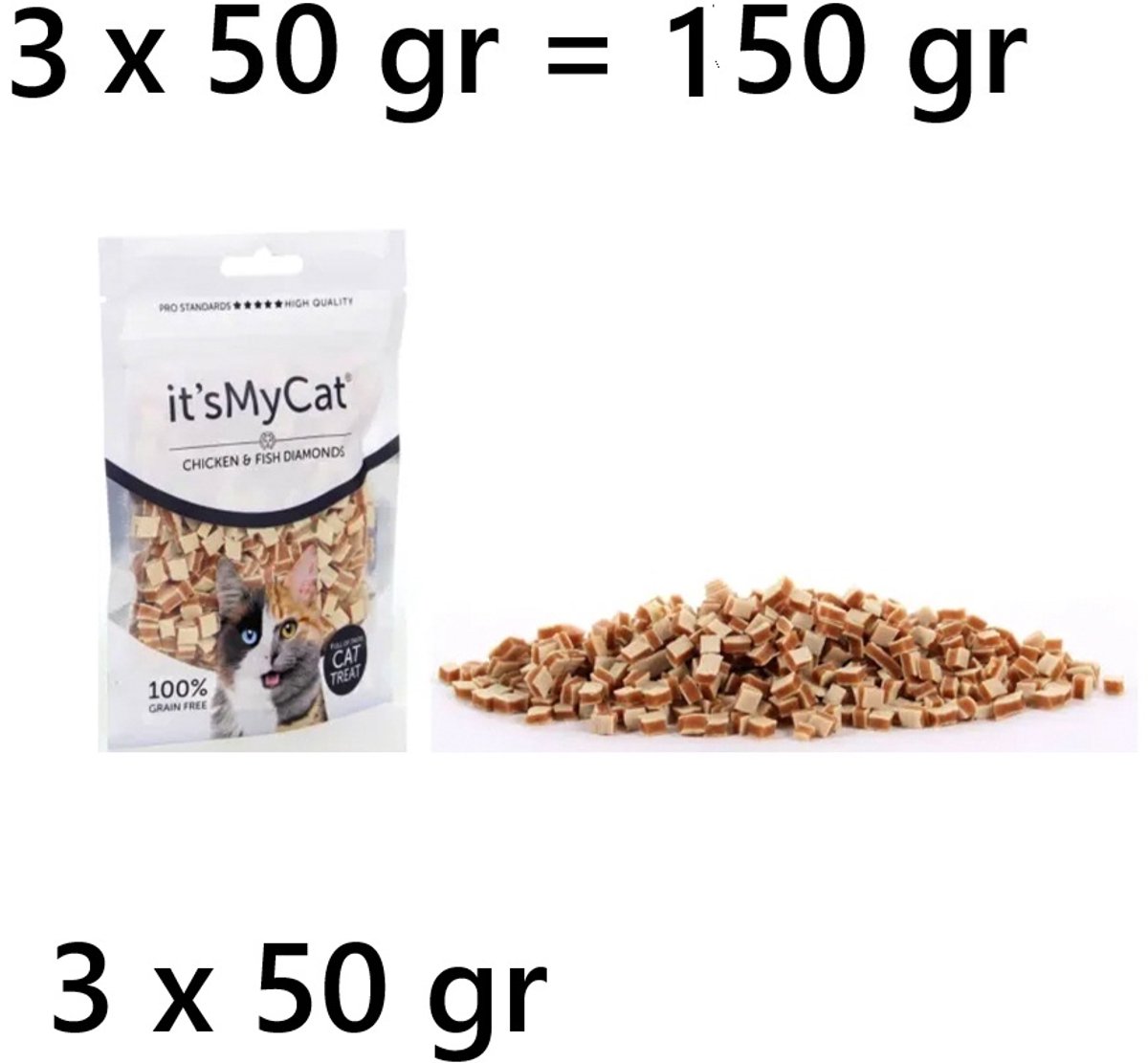** 3X ** KATTENSNACK - IT S MY CAT - KIP EN VIS DIAMONDS - 50 GR - 100% GRAAN VRIJ - LEKKER EN GEZOND