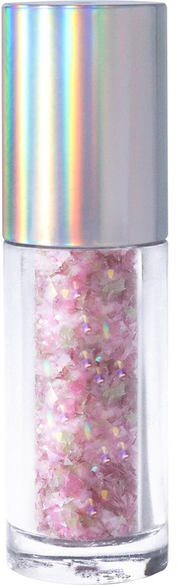 Flesje met roze en groene eetbare glitters met iriserende deksel.