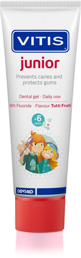 VITIS junior tandpasta tube met rode dop, afbeelding van twee kinderen en Tutti Frutti smaak.