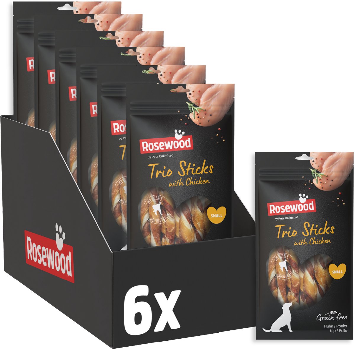 Rosewood Trio Sticks Kip Small - Kauwstaven voor Kleine Honden - Met Kip & Runderhuid - Graanvrij - Zonder Kunstmatige Toevoegingen - 6 zakjes à 10 kauwstaven