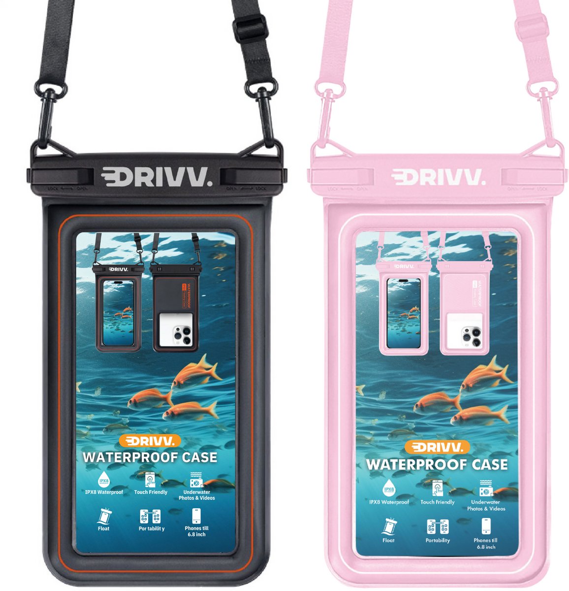 Drivv. Luxe Waterdicht Telefoonhoesje - Set van 2 – Drijvend - Dubbele Klipsluiting - Telefoons tot 6.8 inch – Onderwater Hoesje Telefoon - Zwart & Roze