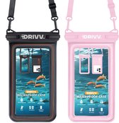 Drivv. Luxe Waterdicht Telefoonhoesje - Set van 2 – Drijvend - Dubbele Klipsluiting - Telefoons tot 6.8 inch – Onderwater Hoesje Telefoon - Zwart & Roze