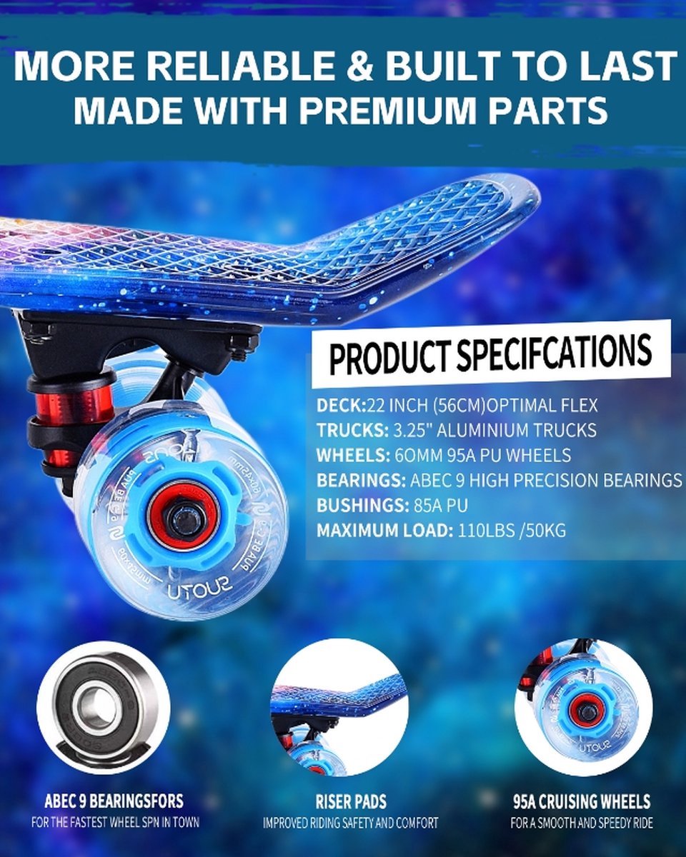 Suotu Skateboard - Wielen met LED-verlichting - ABEC-9 - Tot 50 kg - Skateboard Meisjes/jongens - Skateboard Volwassenen - Cadeau — afbeelding 6