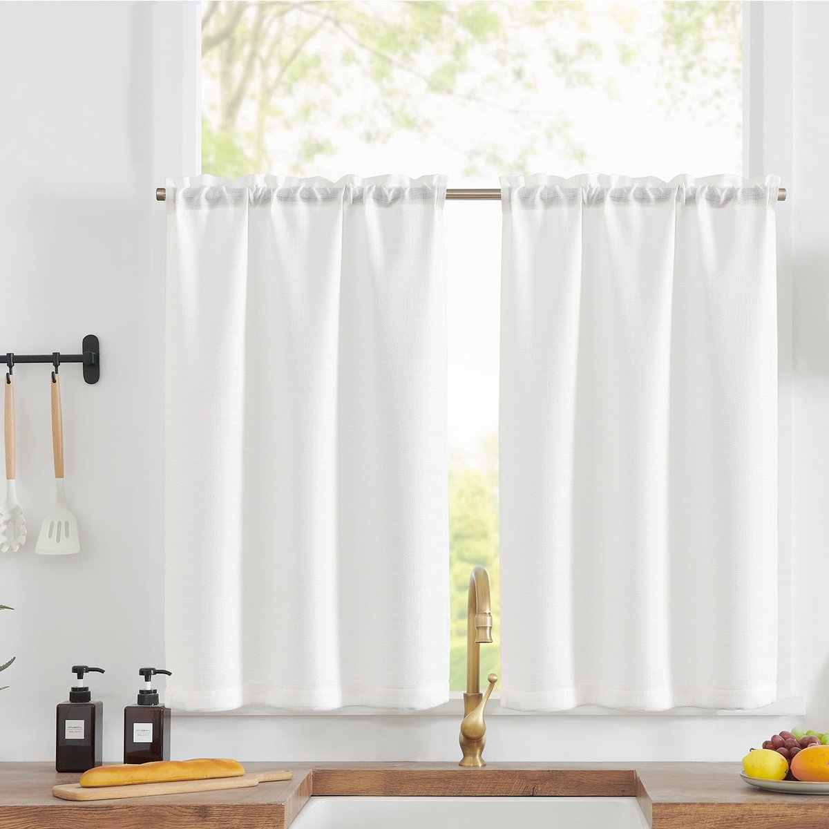Ibenzoa® Vitrage set van 2 voor keukenramen met linnenlook, wit, 70 x 115 cm
