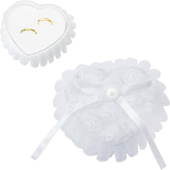 Allecto Plus - Ringkussen Huwelijk Hartvorm Sieradendoos met Kant - Strand Bruiloft - 1 Stuk Wit