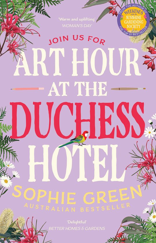 Boek 'Art Hour at the Duchess Hotel' door Sophie Green, met een lila omslag, tekst en bloemen. Een parkiet zit op de titel.