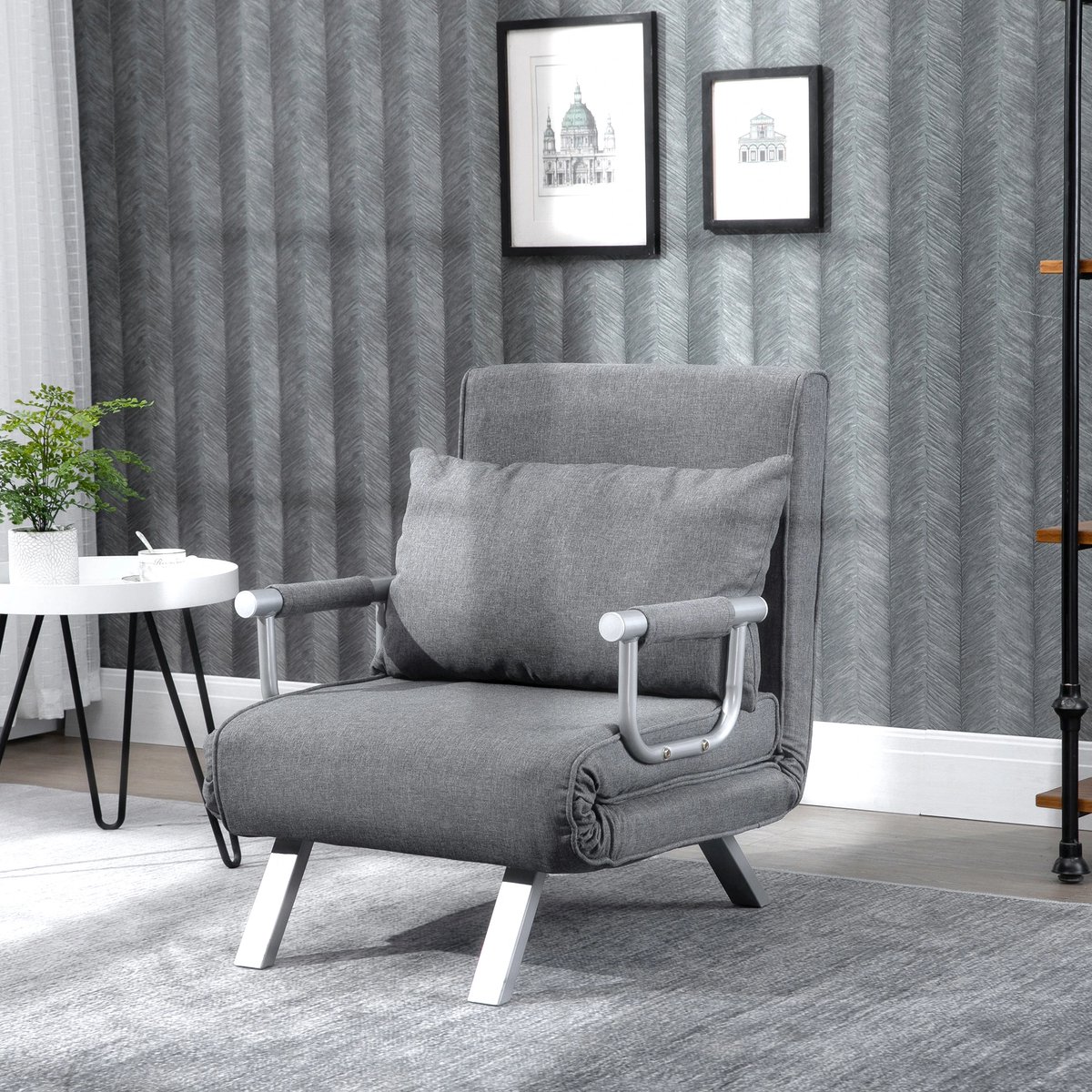 Pugsdrly Slaapbank met armleuning 3-in-1 slaapfauteuil logeerbed opklapmatras opklapbed chaise longue multifunctioneel linnenachtig polyester grijs 65 x 69 x 80 cm