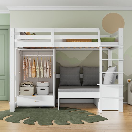 Sweiko Hoogslaper - 90 x 200cm - met Lade + kledingkast + bank - 3 kussens - Massief hout + MDF - Wit