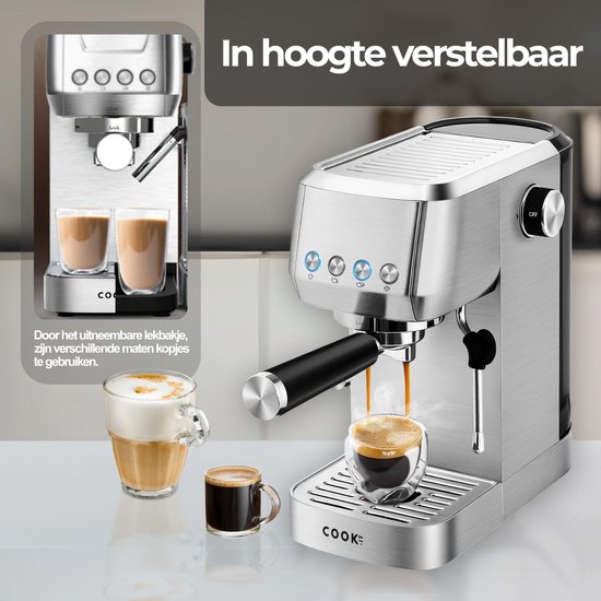 Zilverkleurige espressomachine met 'In hoogte verstelbaar' tekst, twee mokken latte.