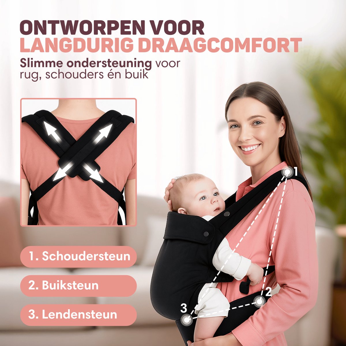 Vulpes Goods® BabyCare - Draagzak – Ergonomische Baby Draagzak 0-36 mnd – Luxe Buikdrager tot 20 kg – OEKO-TEX® Katoen – Handsfree Comfort - Met Rugsteun & M-Positie - Zwart – foto 3