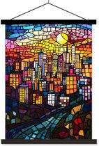 Posterhanger incl. Poster 60x80 cm - Schoolplaat - Stad - Maan - Mozaïek - Kleurrijk - Textielposter - Zwarte latten