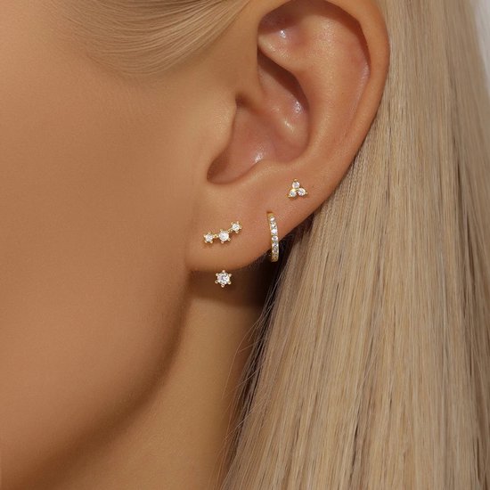 Modulaire Oorbellen Set | 18k Verguld Oorbellen Set met Zirkonia Stenen | 925 Streling Zilver | 3-delige Dames Modulaire Oorbellen Set