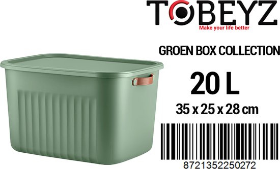 Groene 20L opbergbox van Tobeyz met deksel en bruine handgrepen. Afmetingen 35x25x28 cm.