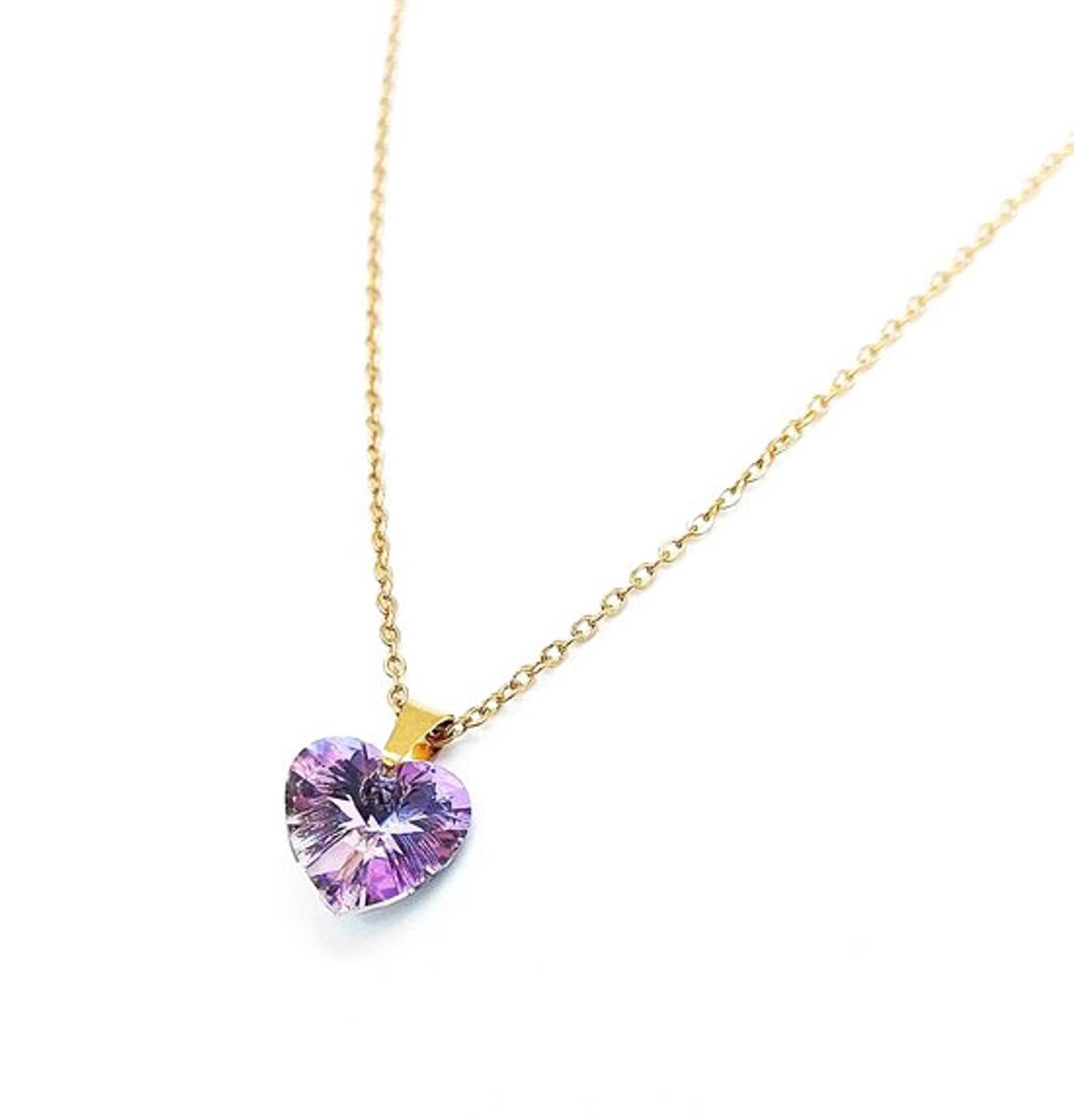 Ketting Meisje- Meisjesketting Diamant Hart- Ketting met Hartje- Stainless Steel Ketting RVS-Roze Lila- Goudkleurig- Kind- LiLaLove