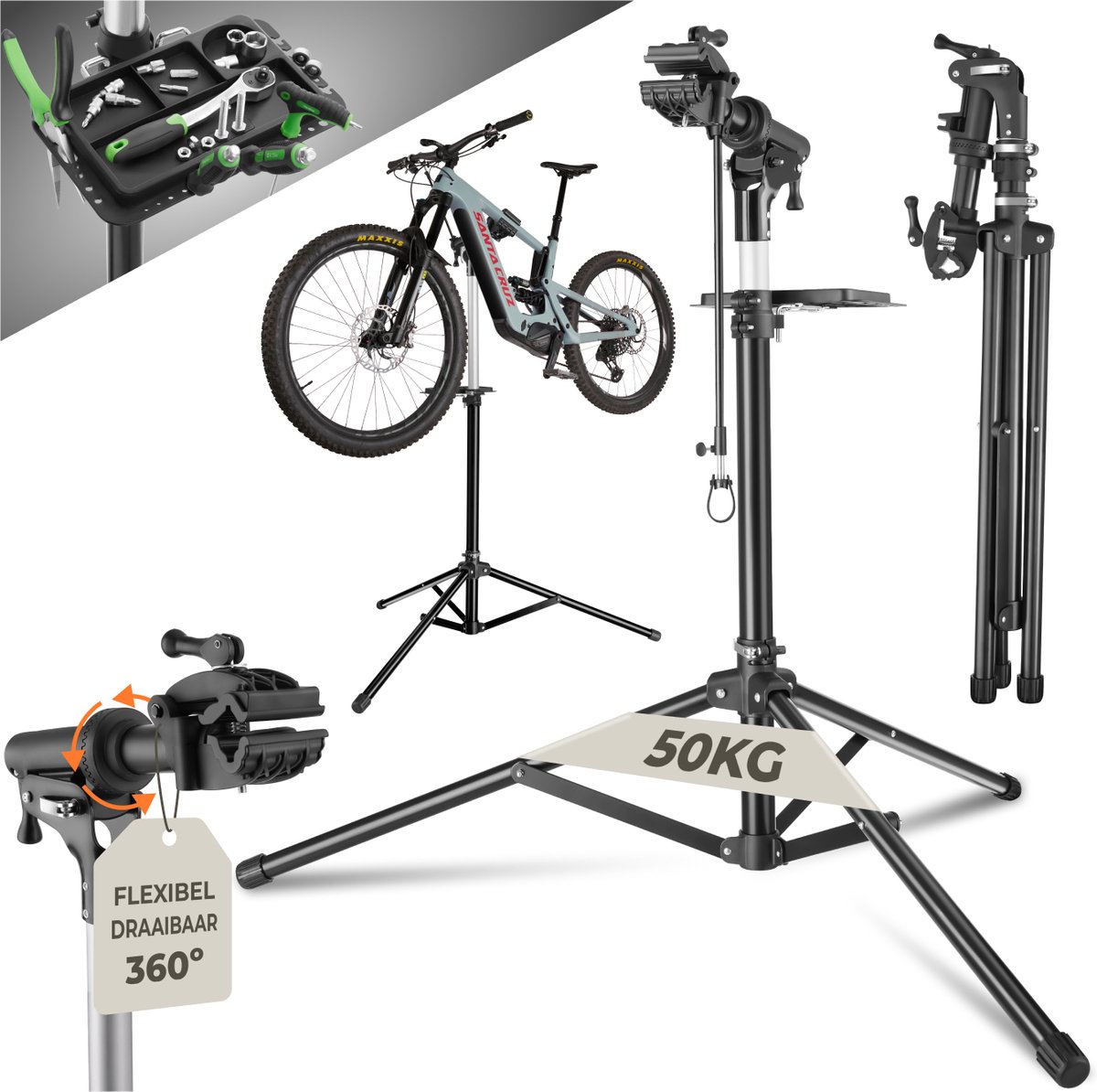 tectake® Fietsreparatiestandaard | Draagvermogen 50 kg | Reparatiestandaard voor E-bikes, Racefietsen | Fietsenstandaard voor Reiniging en Onderhoud | Opvouwbaar, in Hoogte Verstelbaar, Draaibaar met Magnetische Gereedschapsbak