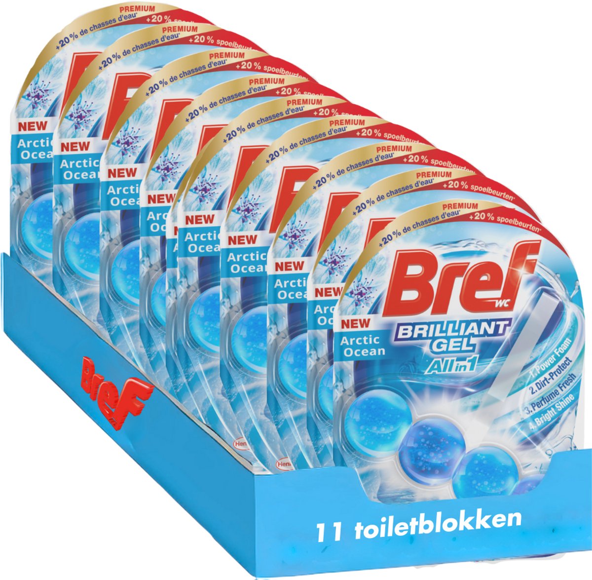 Goedkoopste Bref - Brilliant Gel - Arctic Ocean - Allin1 - Toiletblok - Stralende Reiniging - Frisheid - Voordeelverpakking - 11 Stuks