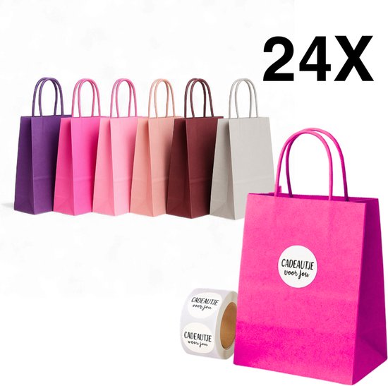 24x cadeautjeszakjes in paars, roze, lichtroze, oudroze, bruin en zilver, met "Cadeautje voor jou" stickers.
