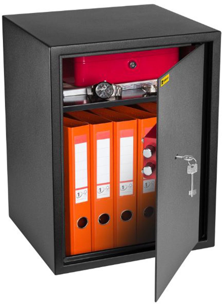 HomeSafe HV50K Hoge Meubelkluis met Sleutelslot 50cm Hoog 4mm Stalen Deur Zwart RAL 9005 Inclusief Uitneembare Plank en Tapijt Veiligheidskluis voor A4 Ordners Documenten Geld en Sieraden met Montagebouten Extra Ruime Privékluis