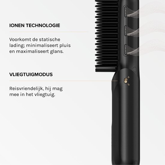 Zwarte MAE® stijlborstel met ionentechnologie en vliegtuigmodus.