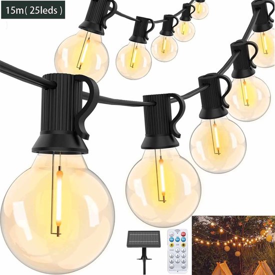 Meedeer LED Lichtsnoer buiten-Solar Lichtsnoer Voor Buiten-15M 25+1 Leds Decoratieve verlichting-G40-IP44 Waterdicht-met Afstandsbediening-Voor Tuin-Buiten-Voor Terras-Camping-Kerstversieringen-bruiloften