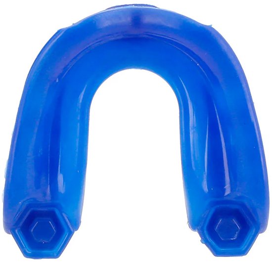 Blauwe mondbeschermer, voorkant, met hexagonale details.
