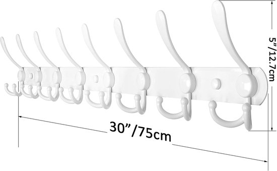 Witte wandkapstok met tien haken, 75cm breed en 12,7cm hoog.