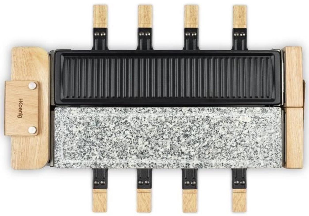 HKOENIG Raclette Machine - WOD360 - Tot 8 personen - Kooksteen met draaibare bodem - Houten design - 1400W