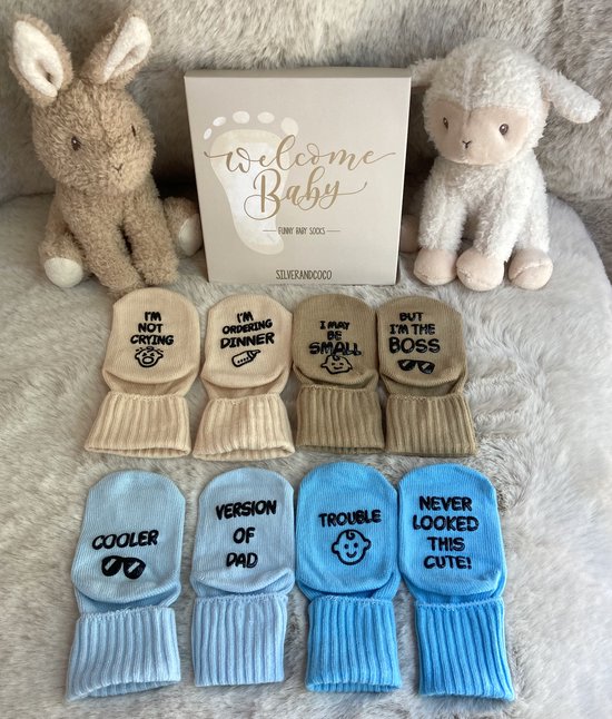 SilverandCoco® Baby Sokjes met Grappige Tekst - Geboorte Geschenkset Sokken Antislip Katoen - Kraam pakket Cadeau Gift Set - Shower Cadeautjes Geschenk Versiering Decoratie - Zwangerschap Katoenen Kleding - Gender Reveal Zwanger - Jongen Boy Blauw van Merkloos — afbeelding 5