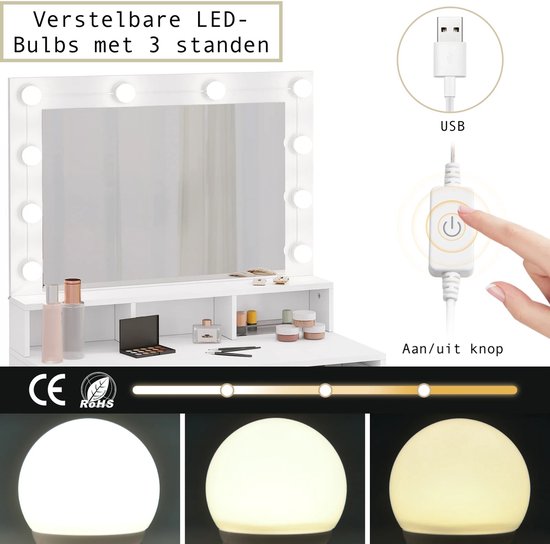Coiffeuse SteeFly® avec Siècle des Lumières LED réglable - Table de Maquillage - Avec miroir et 2 tiroirs - Table cosmétique moderne - Port USB